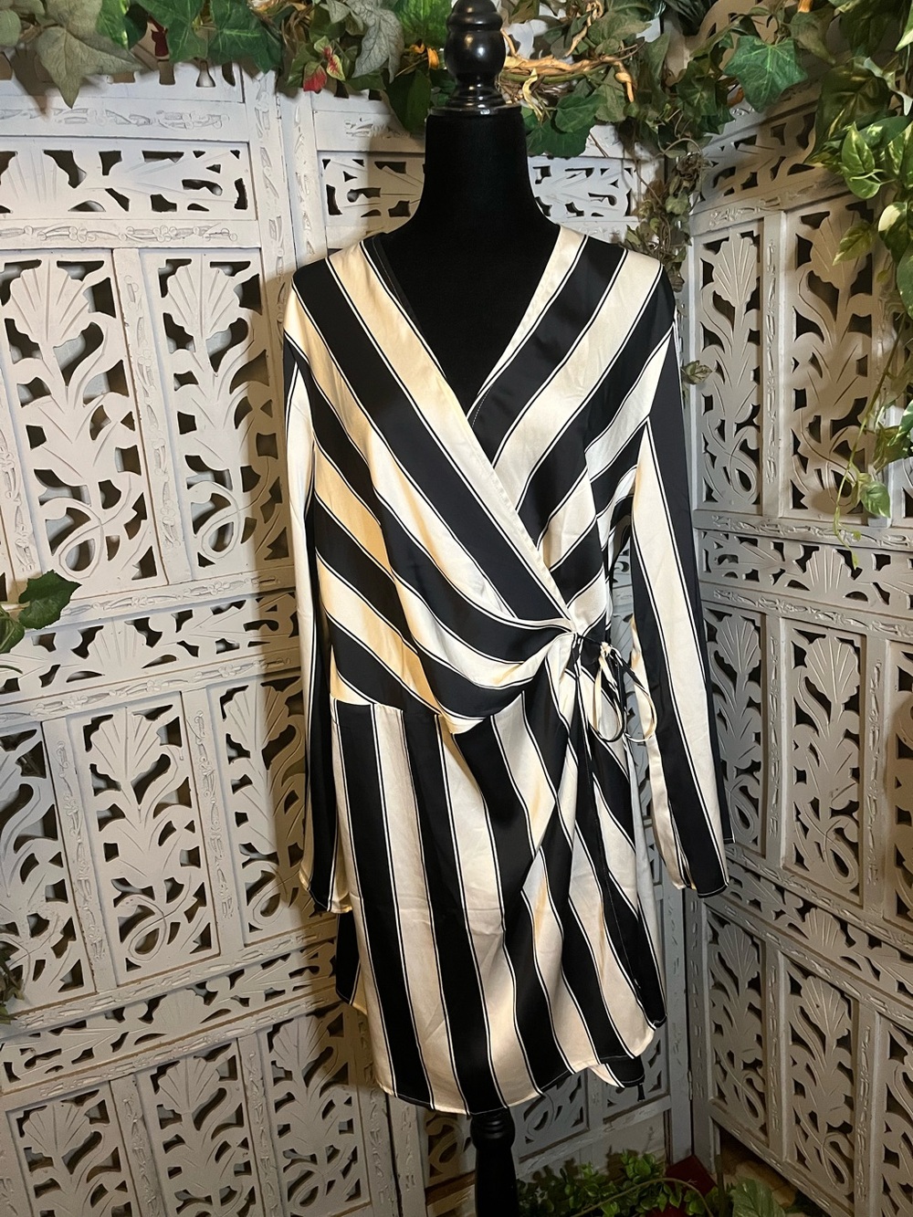 H&M GLAMOROUS CHAMPAGNE GOLD WITH BLACK STRIPES SILKY WRAP-AROUND MINI DRESS